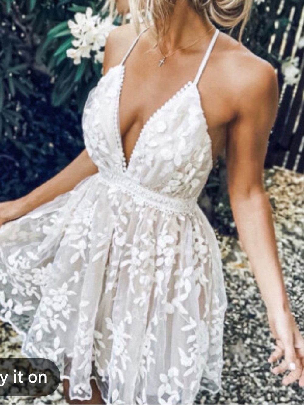 Floral Appliqué Halter Mini Dress in White